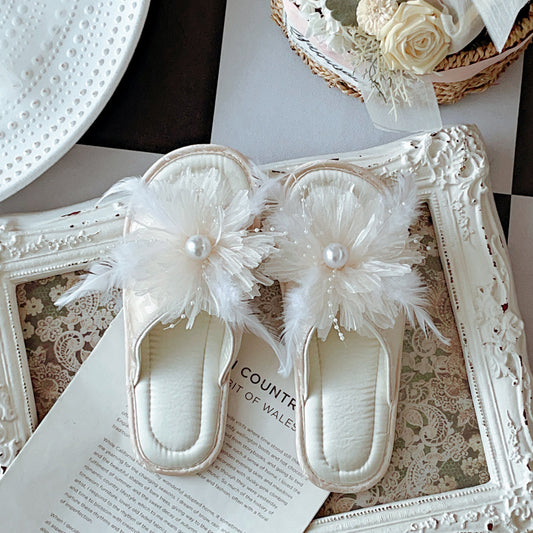 Coquette When Pearls Bloom on Feathers Slippers