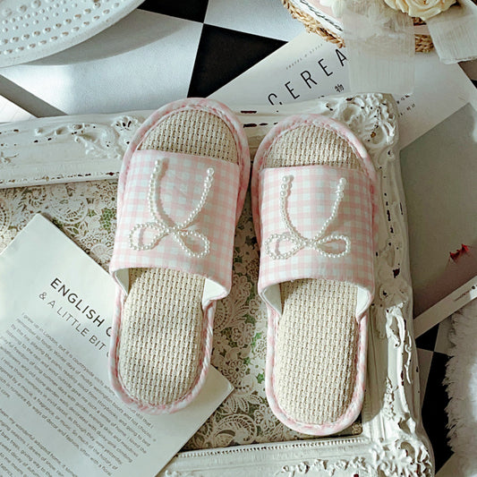 Coquette Vintage Check with Pearly Ribbon Slippers