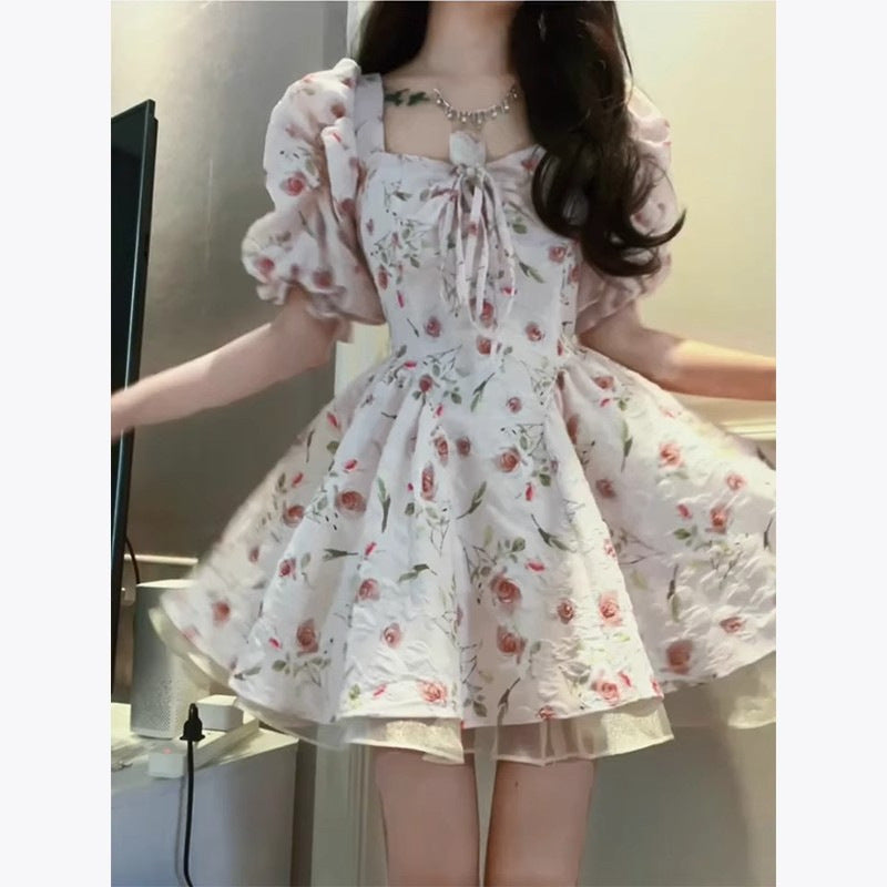 Coquette Square Neck Puff Sleeve Floral Dress
