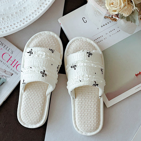 Coquette Ribbon Kisses on Cream Clouds Slippers