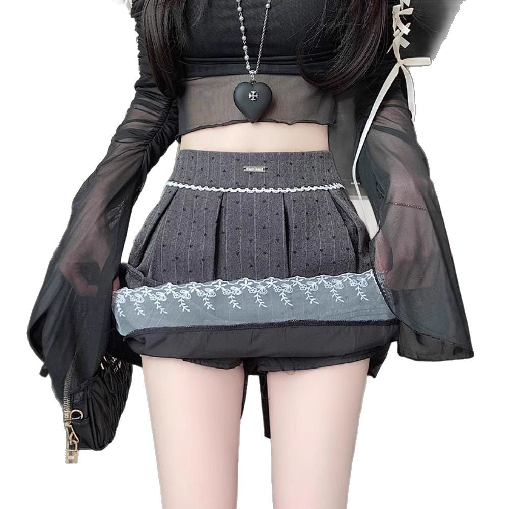 Lace Trim Polka Dot Pleated Mini Skirt