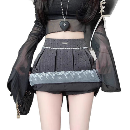 Lace Trim Polka Dot Pleated Mini Skirt