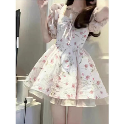 Coquette Square Neck Puff Sleeve Floral Dress
