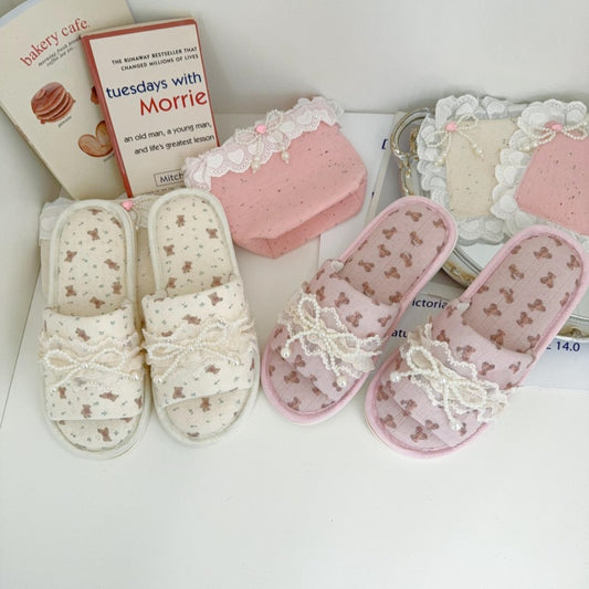 Coquette Teddy and Pearly Lace Bows Slippers