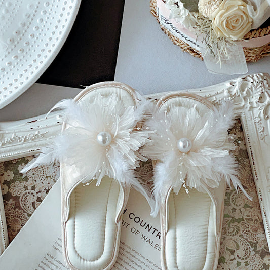 Coquette When Pearls Bloom on Feathers Slippers