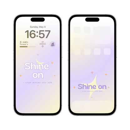 A phone wallpaper displaying the inspirational phrase 'Shine On,' set against a soft gradient background with twinkling stars, creating a dreamy and uplifting atmosphere.