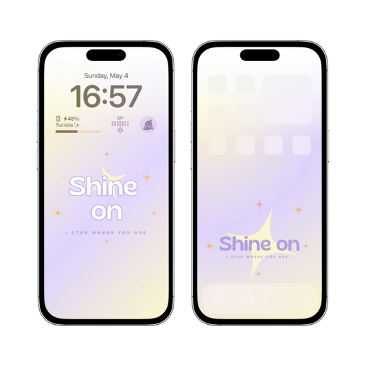 A phone wallpaper displaying the inspirational phrase 'Shine On,' set against a soft gradient background with twinkling stars, creating a dreamy and uplifting atmosphere.
