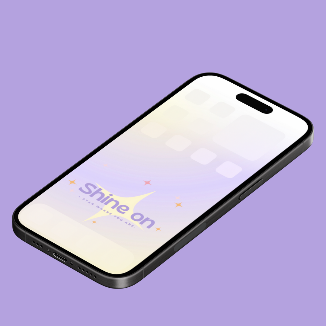 A phone wallpaper displaying the inspirational phrase 'Shine On,' set against a soft gradient background with twinkling stars, creating a dreamy and uplifting atmosphere.
