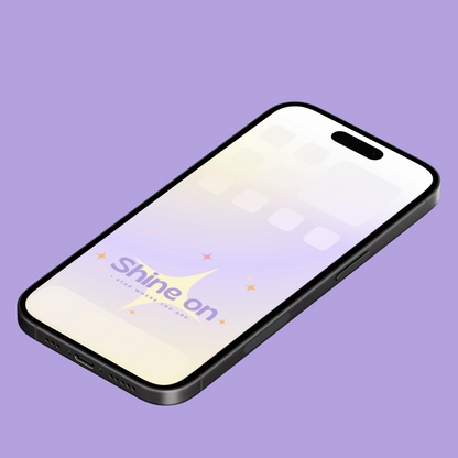 A phone wallpaper displaying the inspirational phrase 'Shine On,' set against a soft gradient background with twinkling stars, creating a dreamy and uplifting atmosphere.