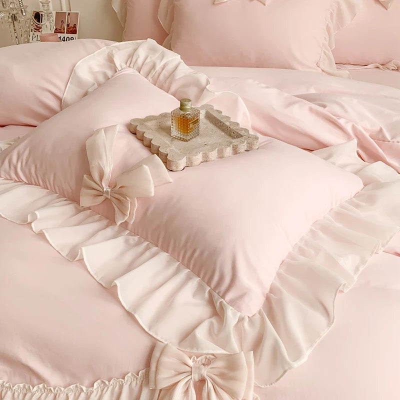 Coquette Aesthetic Princess Pink Ruffle Microfiber Bedding Set (4 Pieces) 3