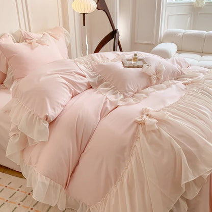 Coquette Aesthetic Princess Pink Ruffle Microfiber Bedding Set (4 Pieces) 4