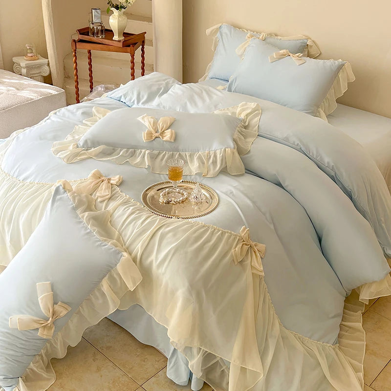 Coquette Blue Ruffle Lace Bow Bedding Set 1