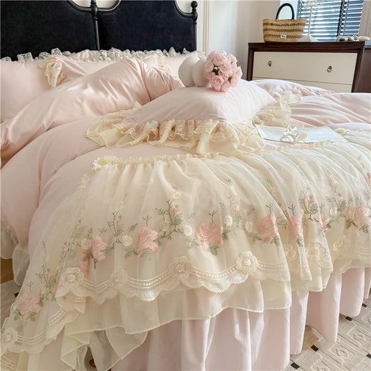 Coquette Dreamy Princess Lace Floral Embroidery Bedding Set