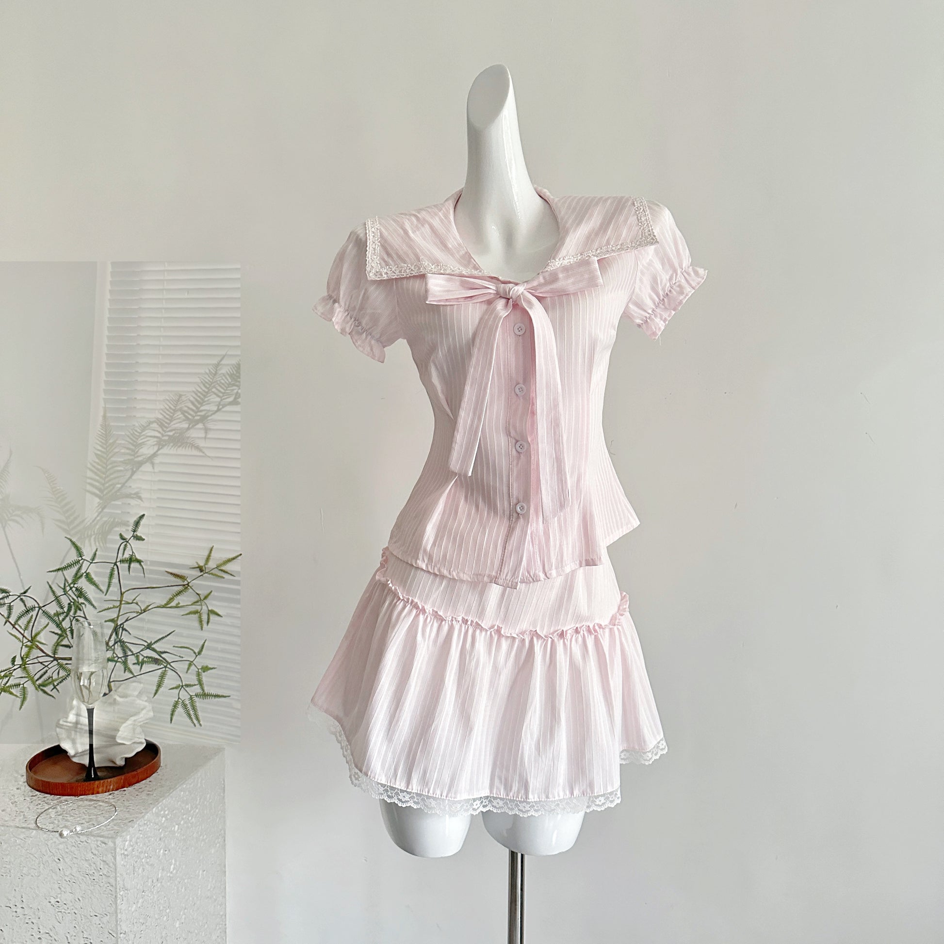 Coquette Playful Innocence Wrapped in Soft Stripes Top and Skirt Set 1