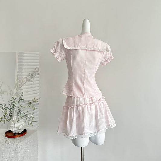 Coquette Playful Innocence Wrapped in Soft Stripes Top and Skirt Set 2