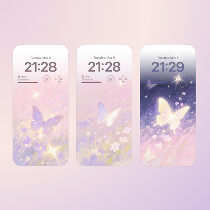 A charming purple and pink butterfly wallpaper that blends coquette and aura aesthetics. The design features butterflies fluttering against a dreamy pastel background, creating a whimsical and romantic atmosphere, perfect for those who embrace playful femininity.