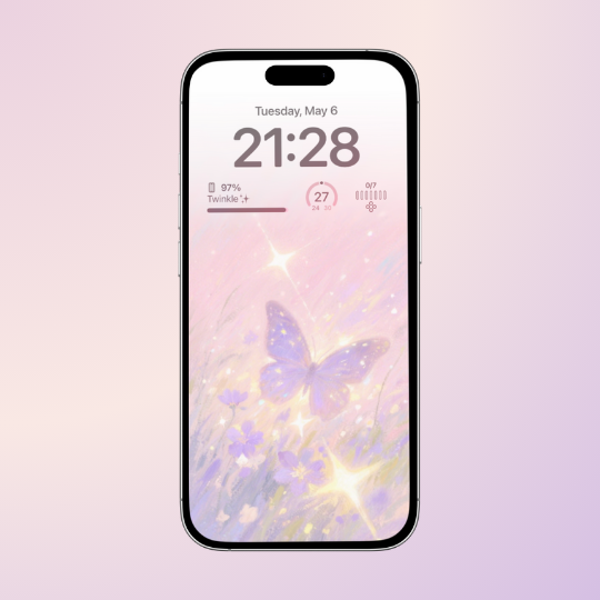 A charming purple and pink butterfly wallpaper that blends coquette and aura aesthetics. The design features butterflies fluttering against a dreamy pastel background, creating a whimsical and romantic atmosphere, perfect for those who embrace playful femininity.