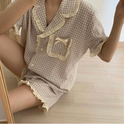 Charming Plaid Pajama Set with Ruffle Accents