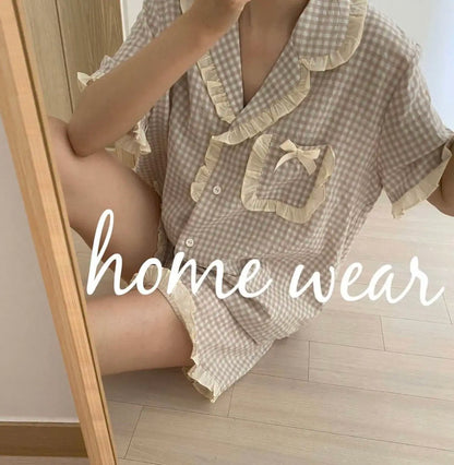 Charming Plaid Pajama Set with Ruffle Accents