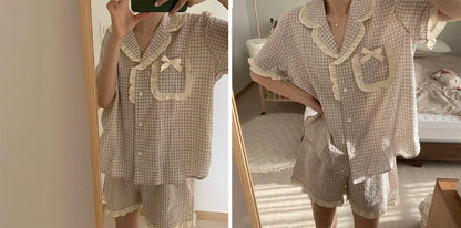 Charming Plaid Pajama Set with Ruffle Accents
