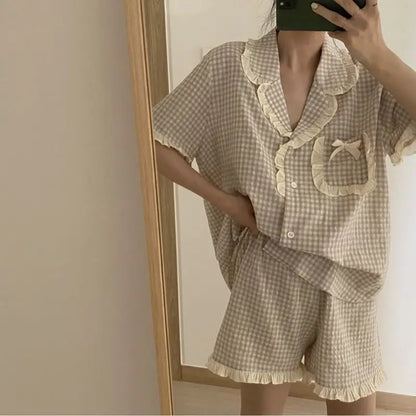 Charming Plaid Pajama Set with Ruffle Accents