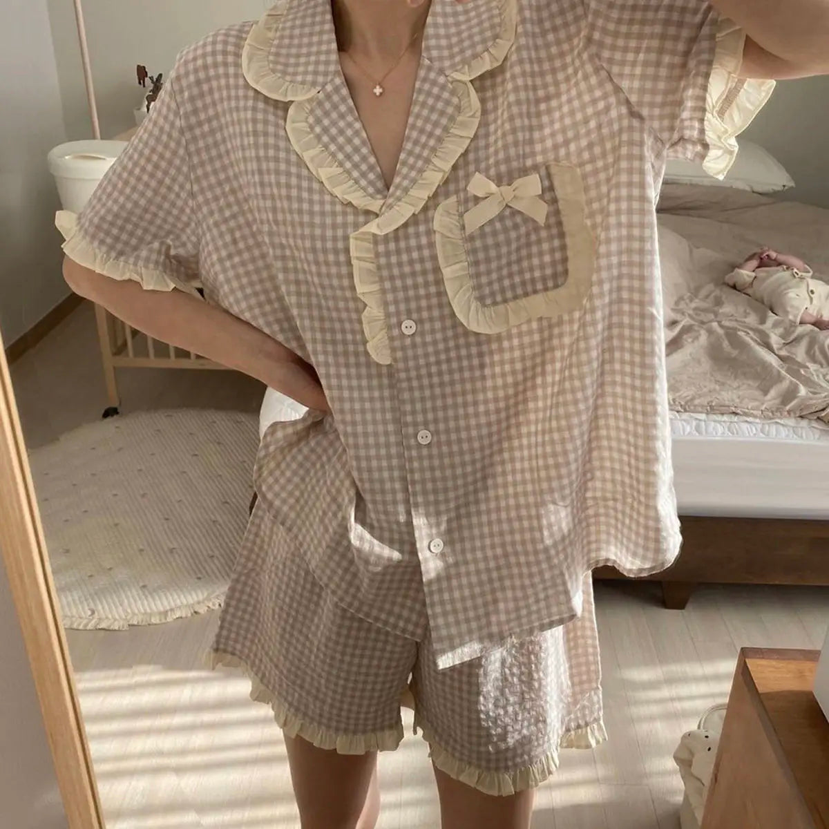 Charming Plaid Pajama Set with Ruffle Accents