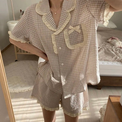 Charming Plaid Pajama Set with Ruffle Accents