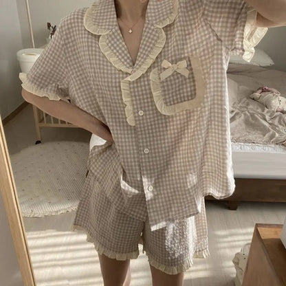 Charming Plaid Pajama Set with Ruffle Accents