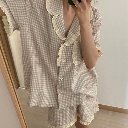Charming Plaid Pajama Set with Ruffle Accents