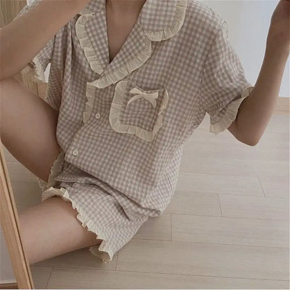 Charming Plaid Pajama Set with Ruffle Accents