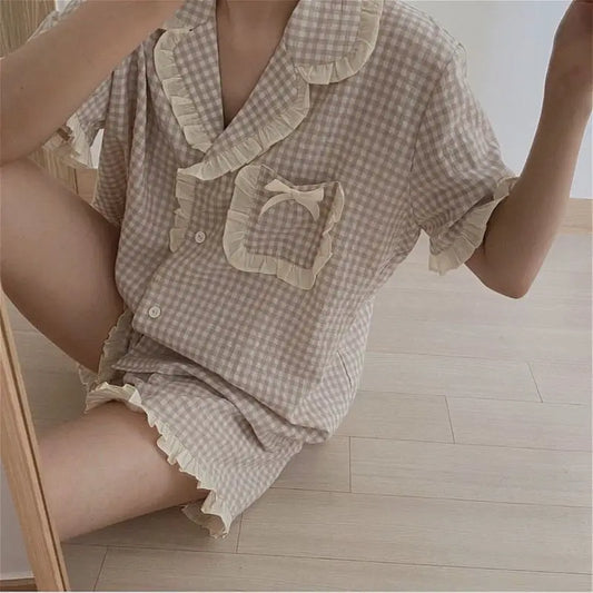 Charming Plaid Pajama Set with Ruffle Accents