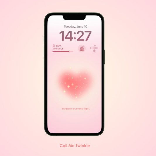 A soft pink coquette aesthetic wallpaper showcasing a glowing heart with sparkling stars in the center. The phrase "Radiate love and light" is displayed below the heart, while "Call Me Twinkle" is featured at the bottom. The design creates a warm, inviting atmosphere, perfect for a girly and whimsical touch.