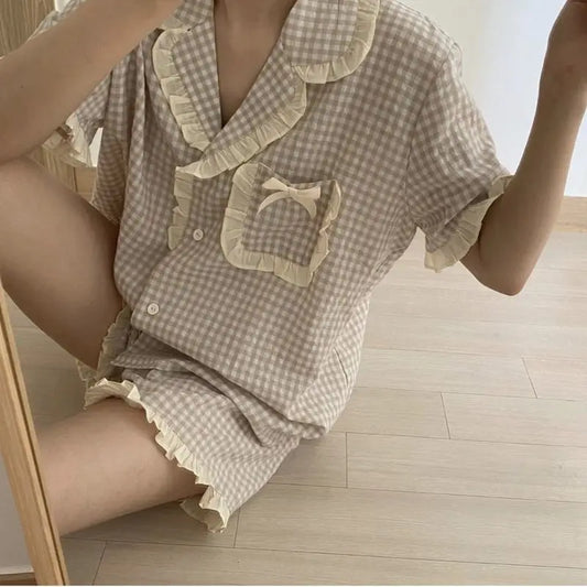 Charming Plaid Pajama Set with Ruffle Accents