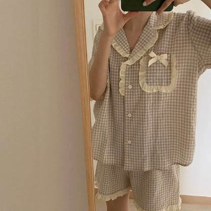Charming Plaid Pajama Set with Ruffle Accents