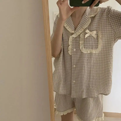 Charming Plaid Pajama Set with Ruffle Accents