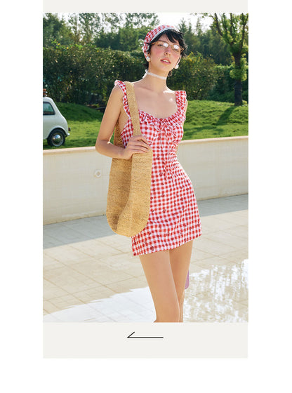 Sweet Plaid 3-Piece Swimsuit Set with Ruffle Trim
