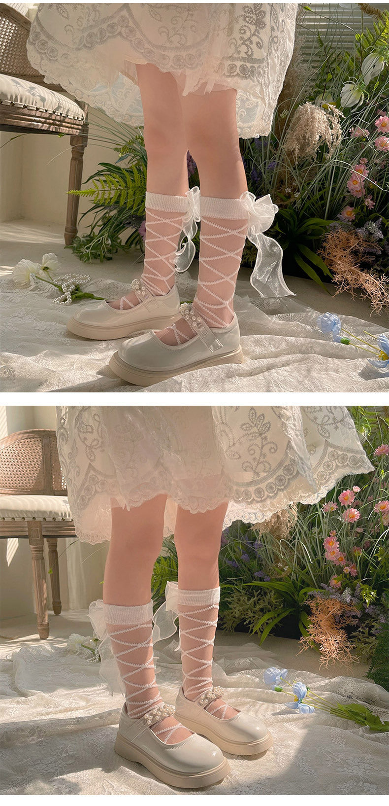Coquette Sweet Lace Bow Ribbon Calf Socks