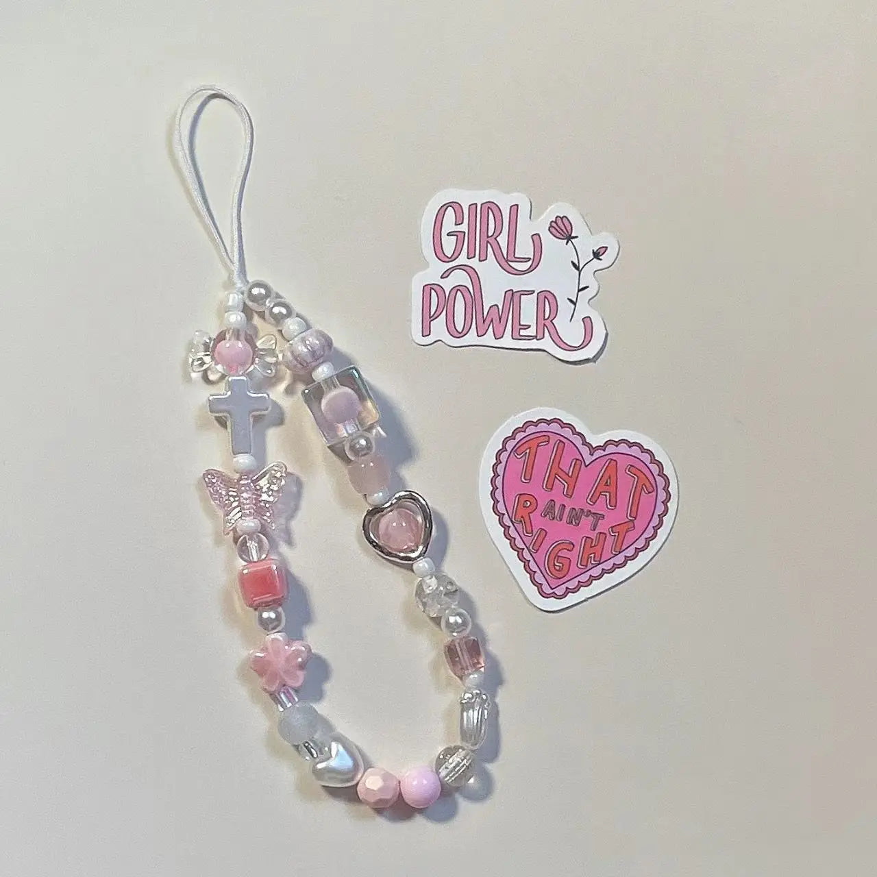 Coquette Pink Heart & Butterfly Beaded Phone Strap Charm