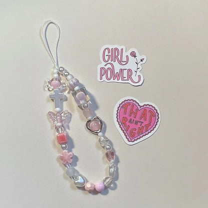 Coquette Pink Heart & Butterfly Beaded Phone Strap Charm