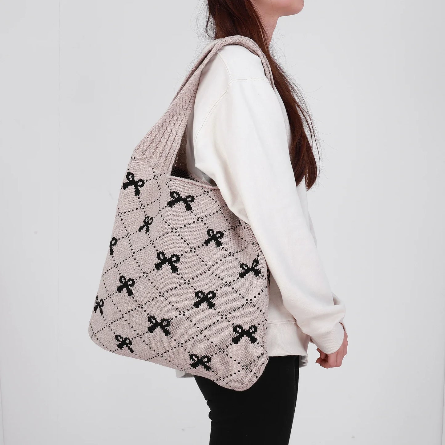 Charming Bow Knit Crochet Tote Bag
