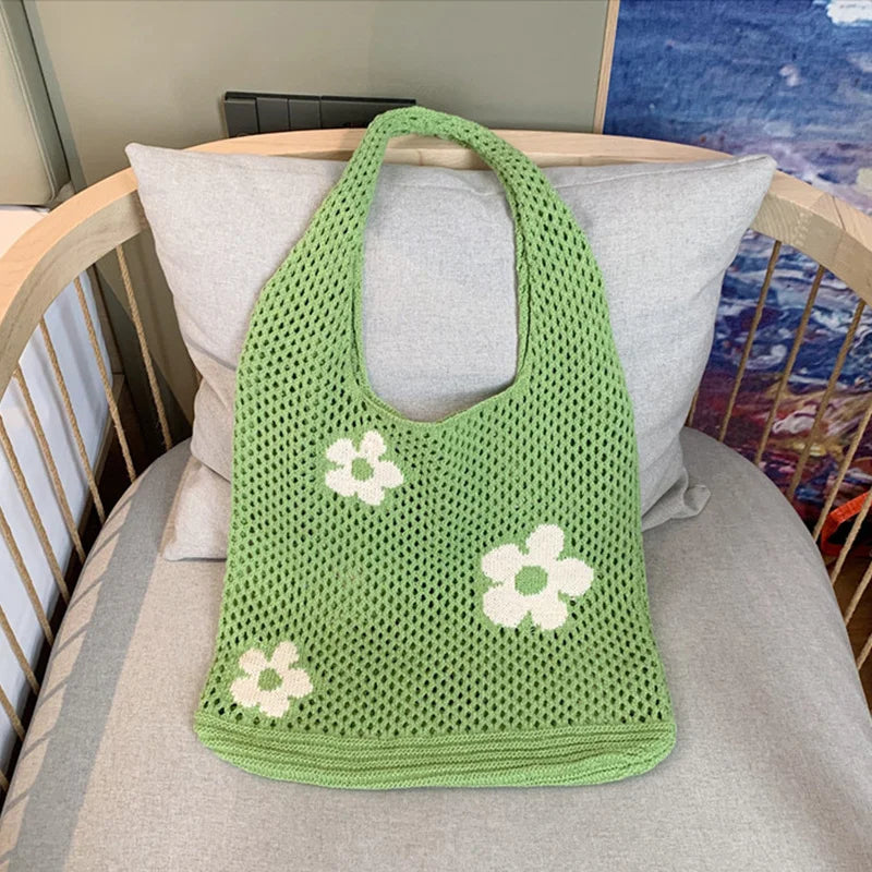 Sweet Flower Knitted Tote Bag