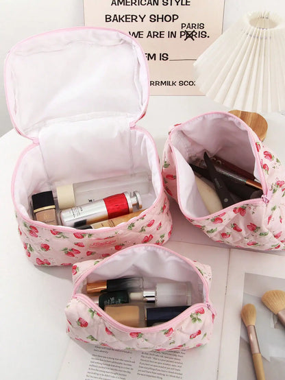 Coquette Pink Strawberry Quilted Makeup Bag