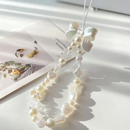 Coquette Sweet White Bow Beaded Phone Charm Lanyard