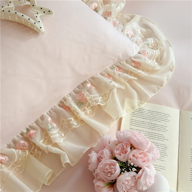 Coquette Dreamy Princess Lace Floral Embroidery Bedding Set