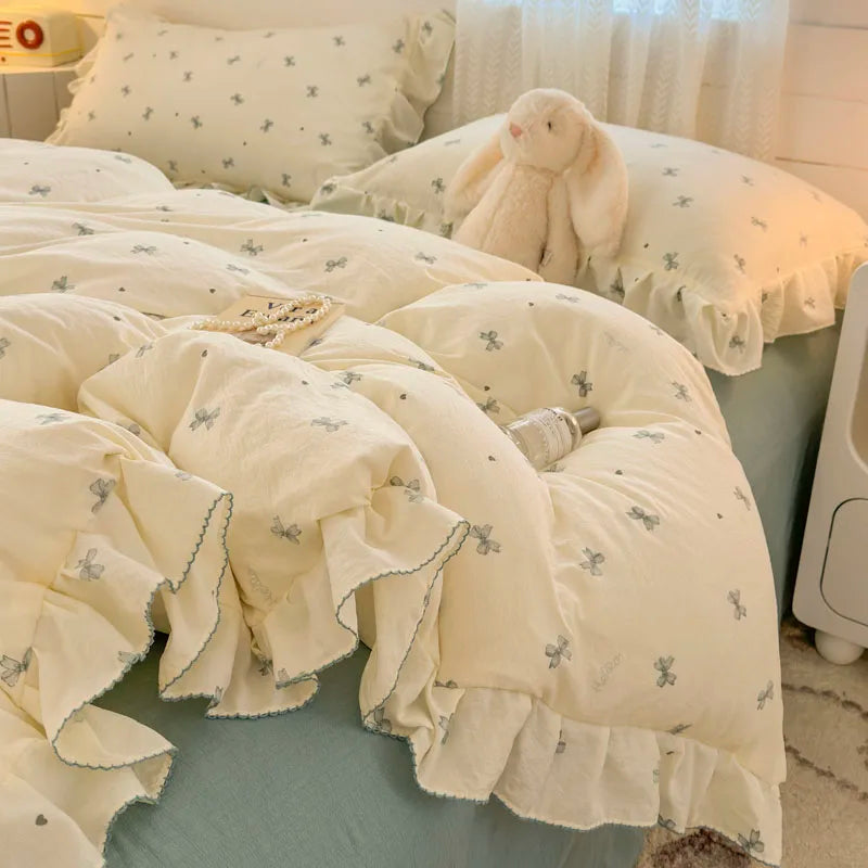 Coquette INS Princess Style Ruffle Lace Bow Bedding Set