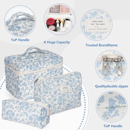 Cute Quilted Cotton Makeup Bag - Portable Zipper Cosmetic Organizer for Women and Girls