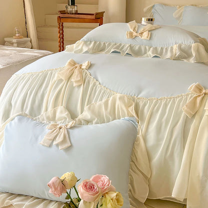 Coquette Blue Ruffle Lace Bow Bedding Set