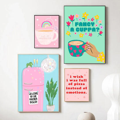Pink Coffee Cup Abstract Cartoon Art Canvas Print