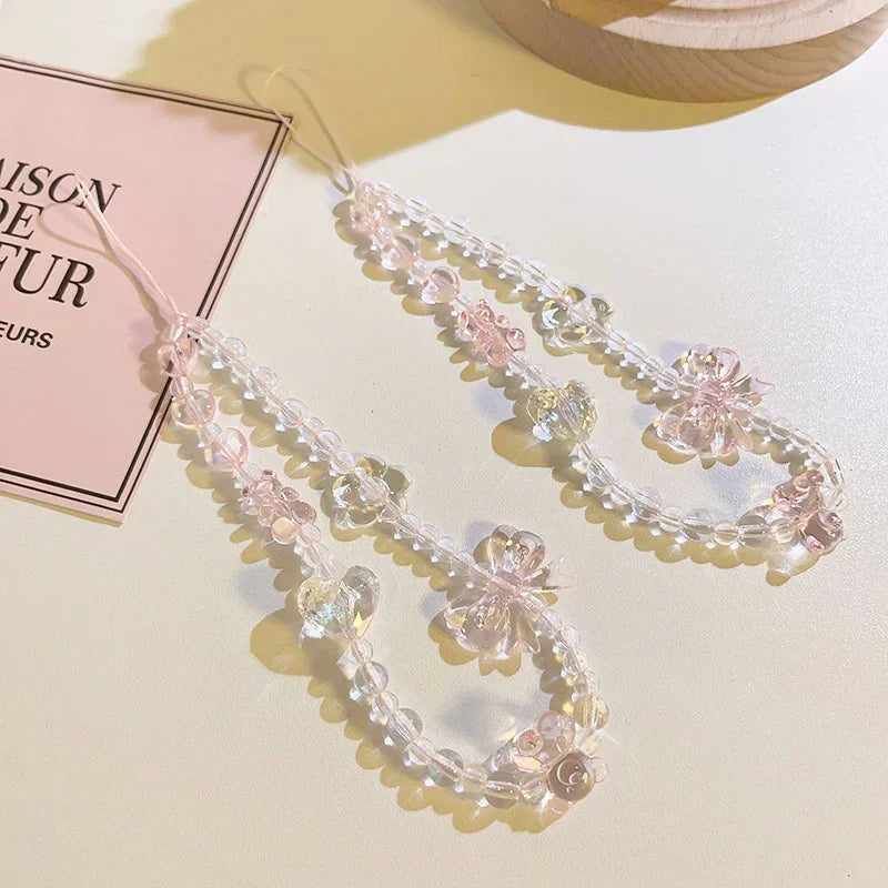 Coquette Pink Floral Charm Beaded Phone Strap Set