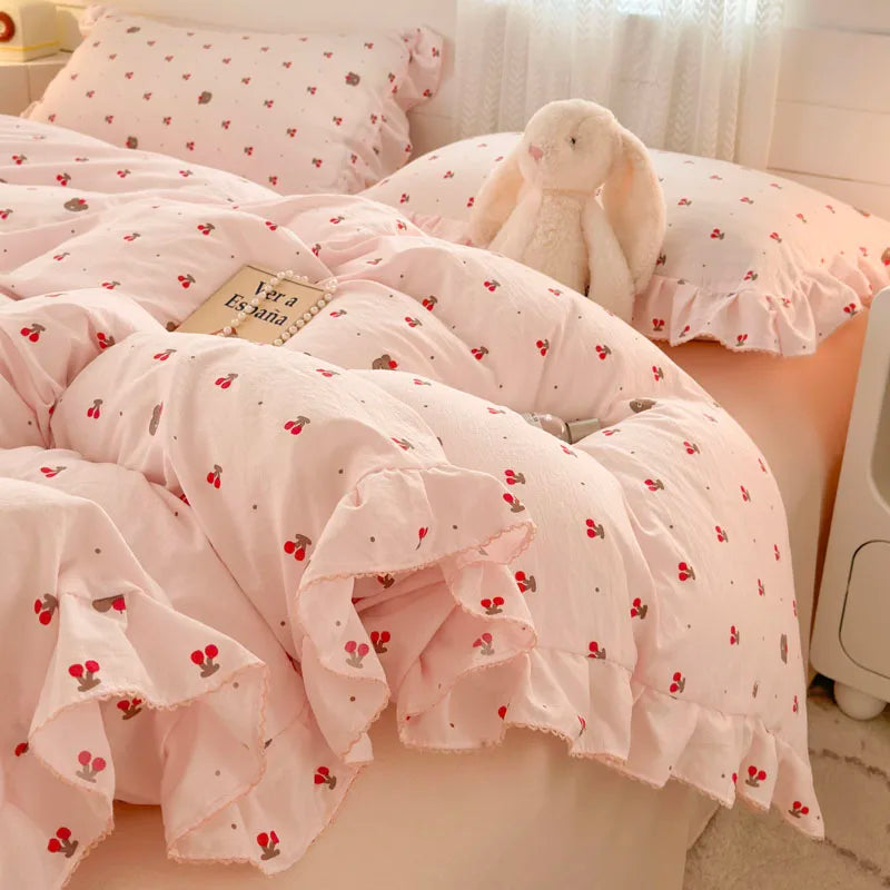 Coquette INS Princess Style Ruffle Lace Bow Bedding Set